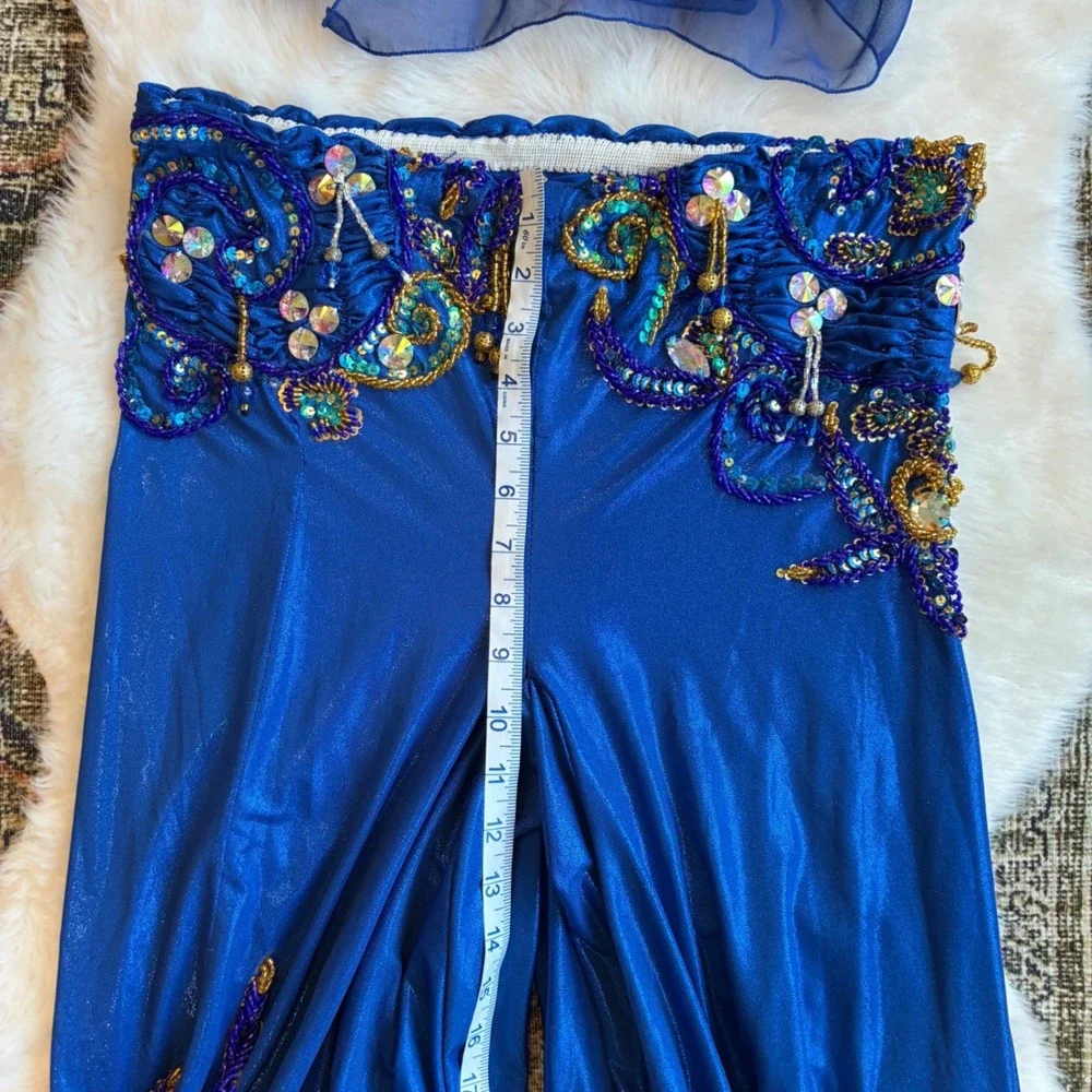 Hand Beaded Bedlah Blue Belly Dancing Costume Set Bra Top and Harem Pants
